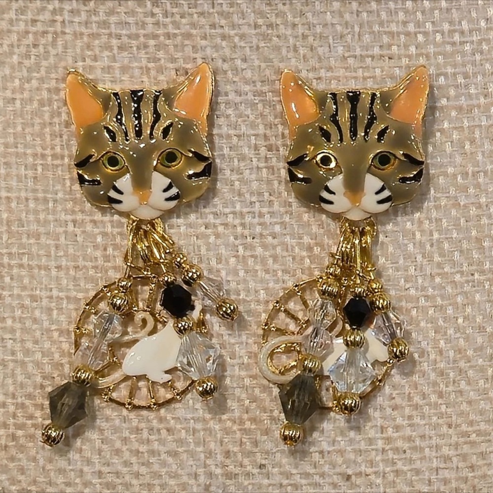 Lunch at the Ritz Cat and Mouse Vintage Swarovski Enamel Earrings, Posts